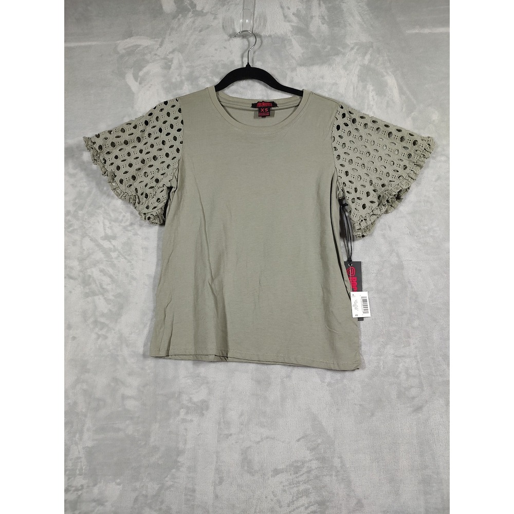 Rock & Roll Denim Womens Olive Green Eyelet Flutter Sleeve Tee XS BW21T03244‎